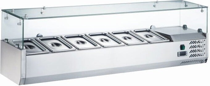 Gekühlte Gewürzvitrine, Pizzaaromahalter GN 1/3 1600x395x435h mm +2 +8 °C mit Rechtsmotor mit geringem Energieverbrauch