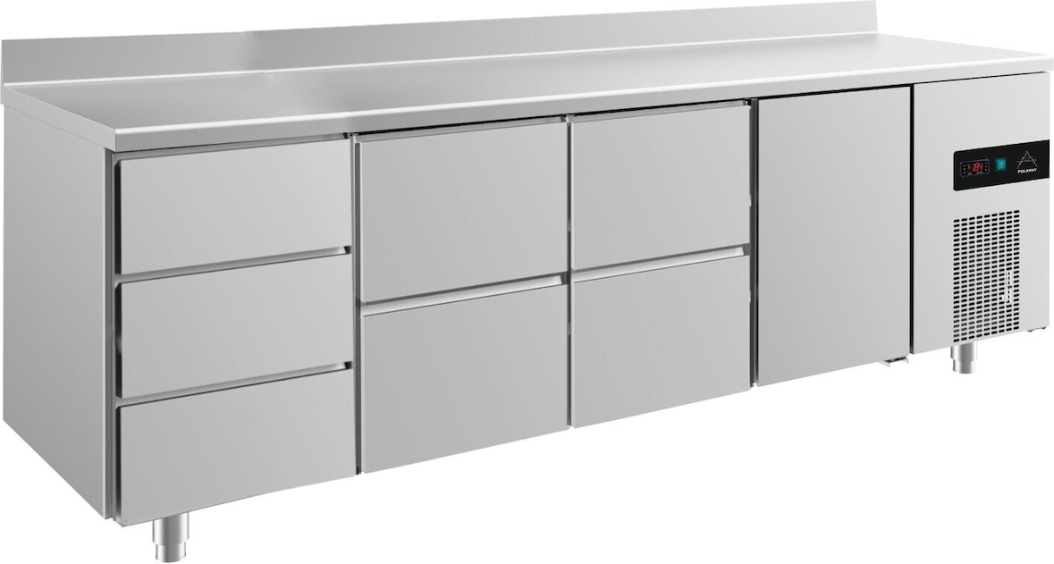 Gastro Kühltisch 3 Schubladen links 2 Schubladen mittig 1 Tür rechts Aufkantung, Umluftkühlung 2330x700x850mm -2/+8°C  632l