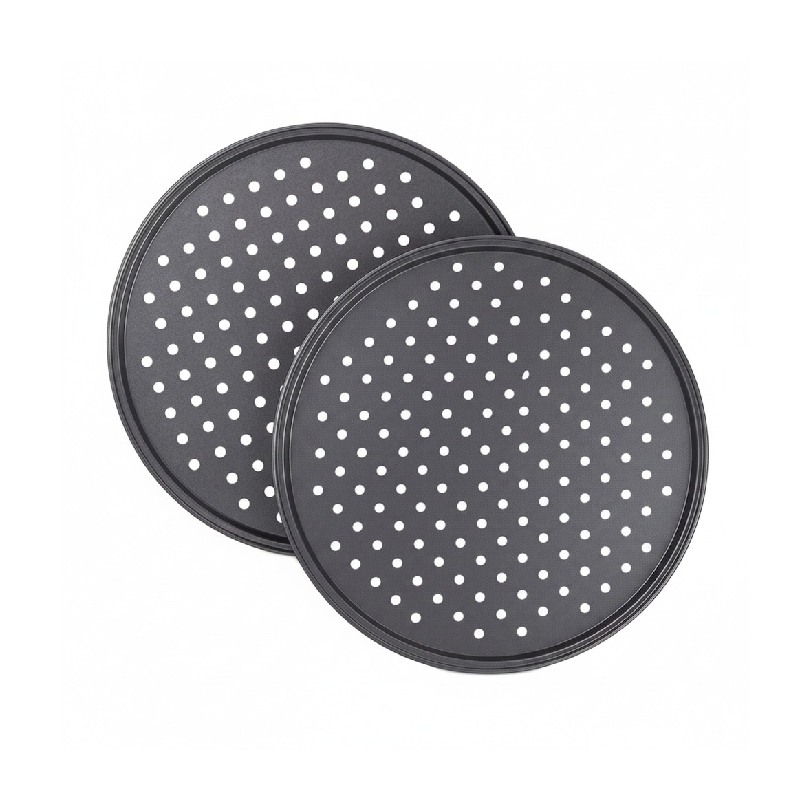 Relaxdays Pizzablech, 2er Set, rund, gelocht, antihaft, Pizza & Flammkuchen, Carbonstahl, Knusperblech, ∅ 32 cm, grau