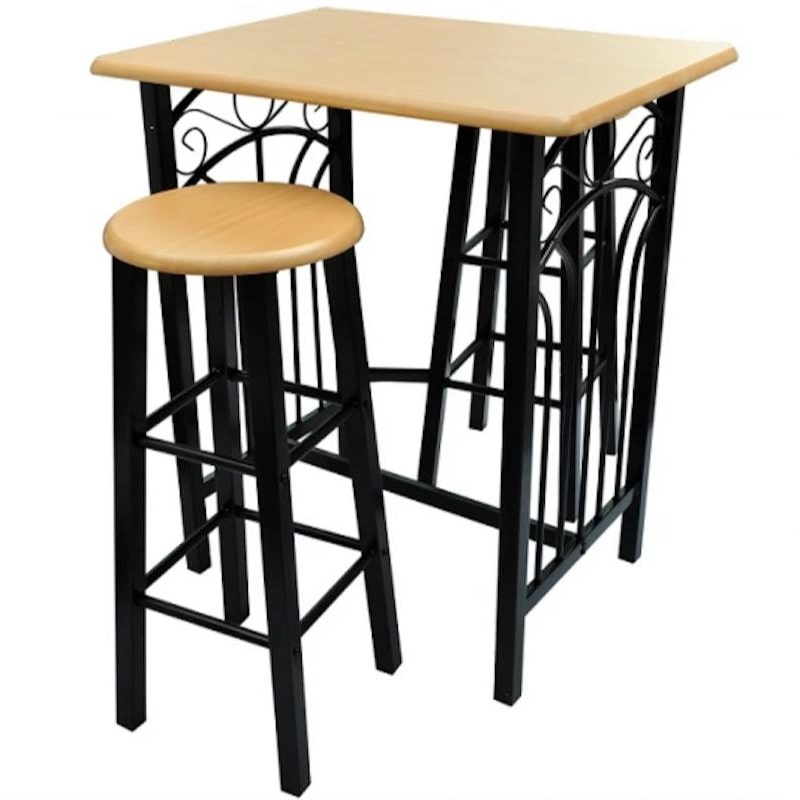 Helloshop26 - Conjunto de 2 banquetas altas com mesa alta design em madeira e aço para cozinha/sala de estar 1202006/2