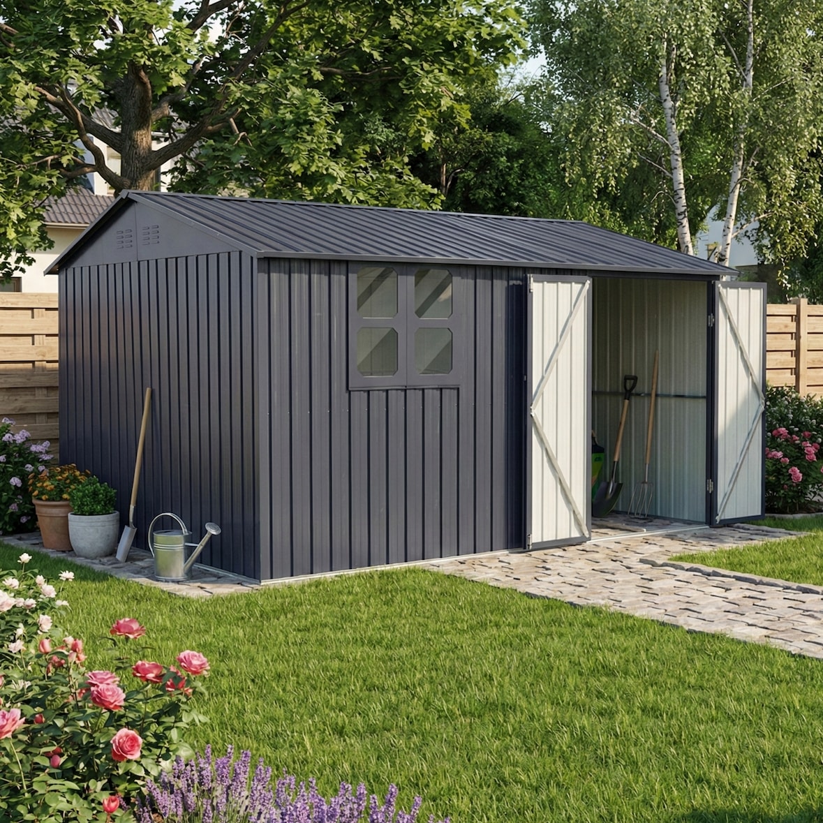 Gerätehaus XXXL – verzinktes Metall in Anthrazit (RAL 7016) | Inkl. Schloss & Werkzeughaken | wetterfester Geräteschuppen, Gartenhaus