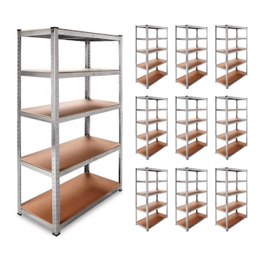 Pacote de 10 Estantes Metálicos Galvanizados DASCK – 5 Prateleiras por Unidade, 875 kg cada (180 x 90 x 40 cm) – Total 8750 kg