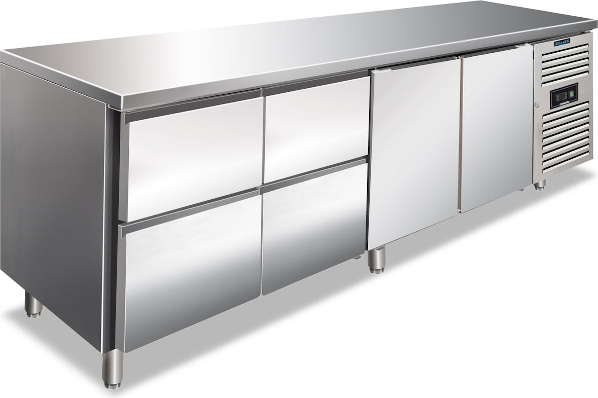 KLIMAITALIA Edelst.-Kühltisch 4 Schubladen à 1/2 + 2 Türen. Klasse C. Abtau auto. T° -2°C/+8°C. Dim. LxWxH 223x70x86 cm. CXF4140TN