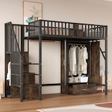 thumbnail of Metall-Hochbett 90x200 cm in Schwarz mit modernem Geländerdesign, integrierter Leiter und großzügigem Stauraum mit Kleiderschrank und Schubladen