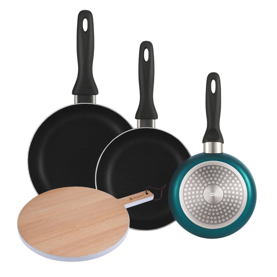 BERGNER - Set aus 3 Pfannen Ø16/20/24cm aus gepresstem Aluminium in metallic-blau mit Rundes Schneidebrett 38x28x1,5 cm aus Buchenholz