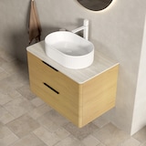 thumbnail of Badezimmer-Waschtisch 62×75×46 cm mit ovalem Keramikwaschbecken, Travertin-Sintersteinplatte, Eichenholz-Schrank mit 2 Schubladen, Beige
