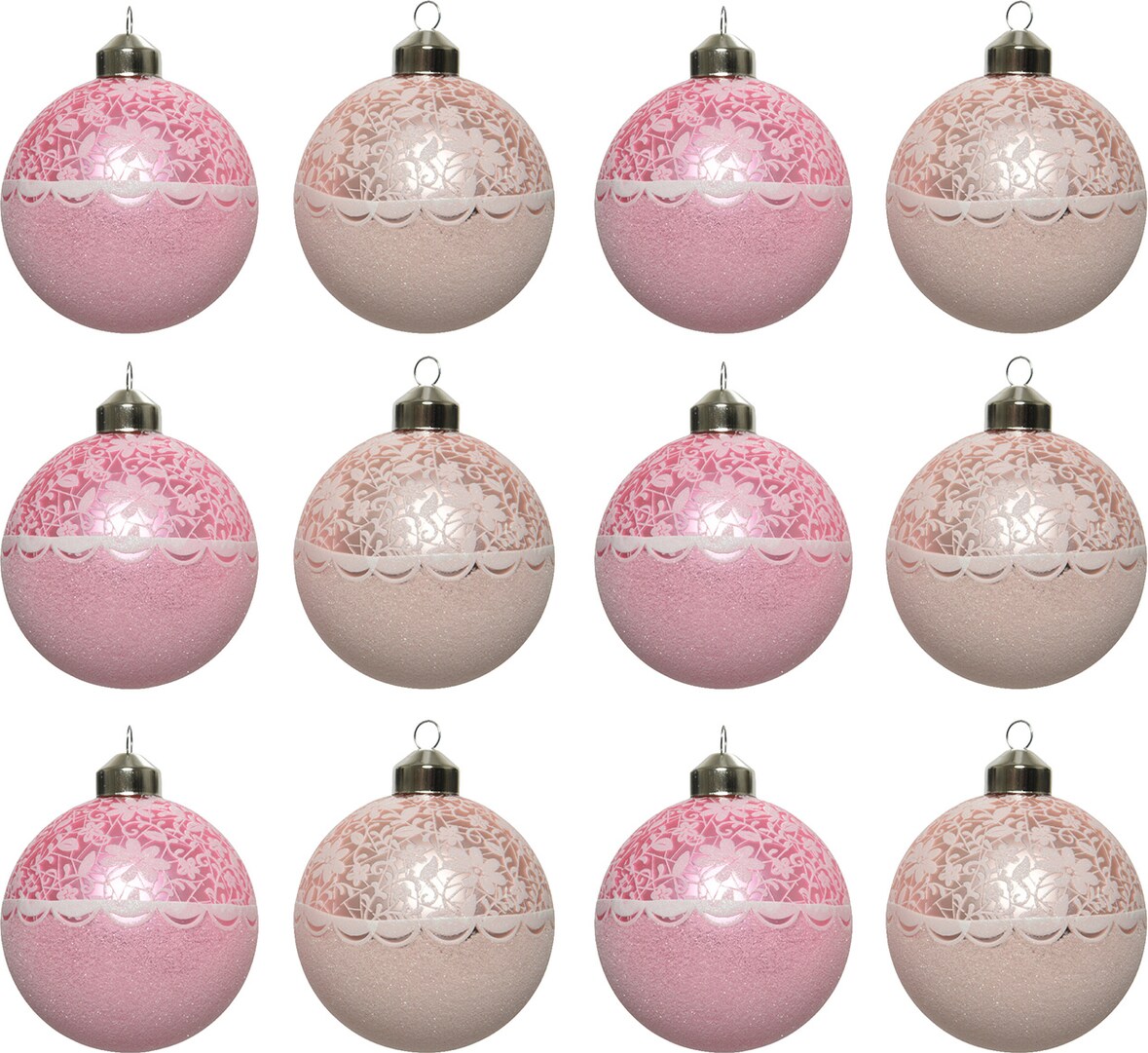 12 Weihnachtskugeln 8cm Glas Blumenmotiv Muster Christbaumkugeln hellrosa pink