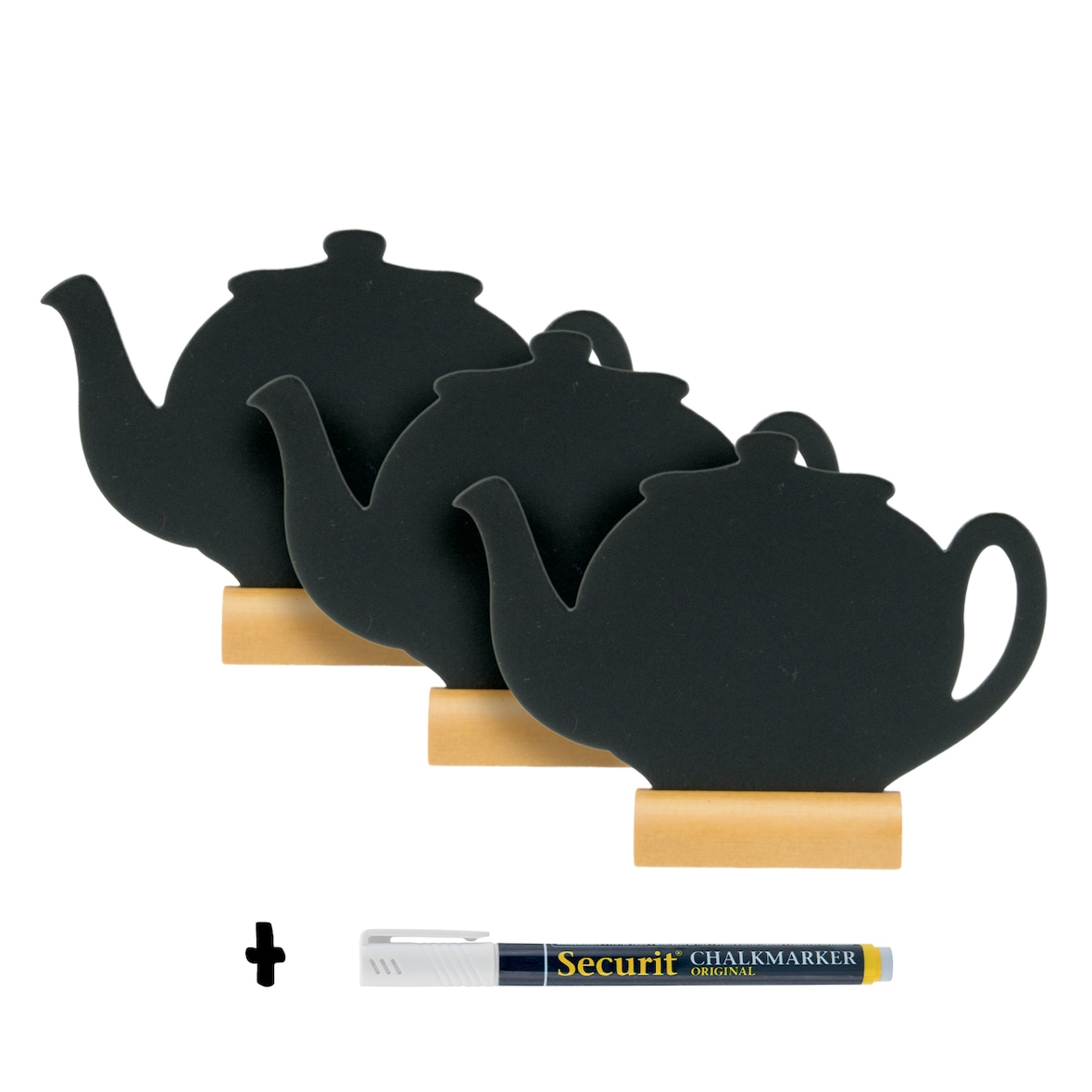 Securit® Set van 3 Mini Tafelborden - Theepot Silhouet - Houten Basis - Inclusief Krijtstift