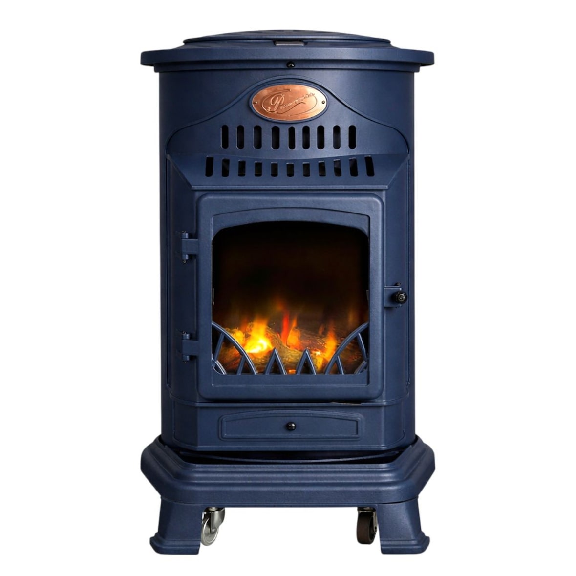 Poêle à gaz 3,4KW Fonte Véritable – Chauffage d'appoint Design Bleu Saphir Mat - Effet feu de bois, sur roues Provence Sahara