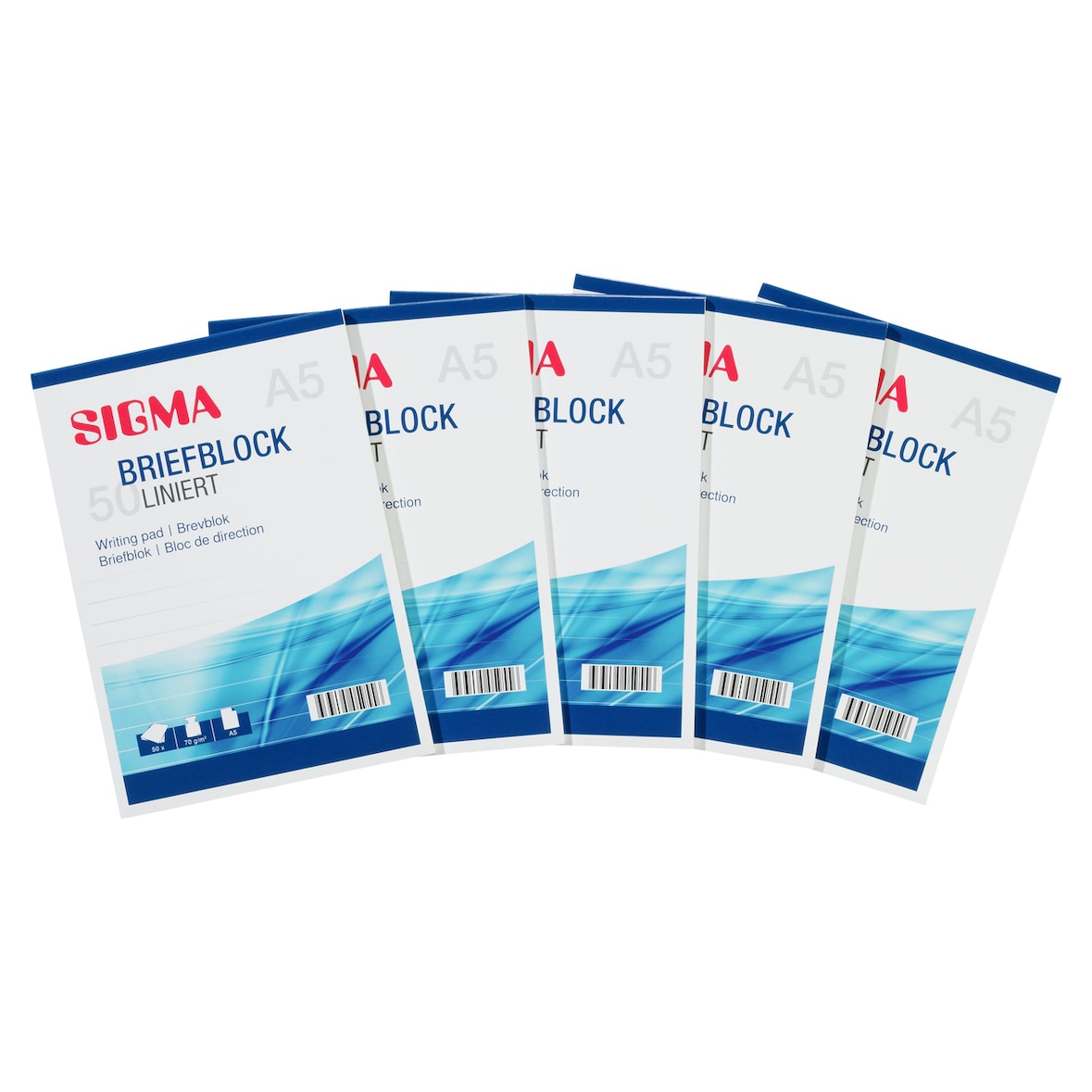 SIGMA Bloc de notas DIN A5, 70 g/m², 50 hojas, papel rayado, 5 unidades