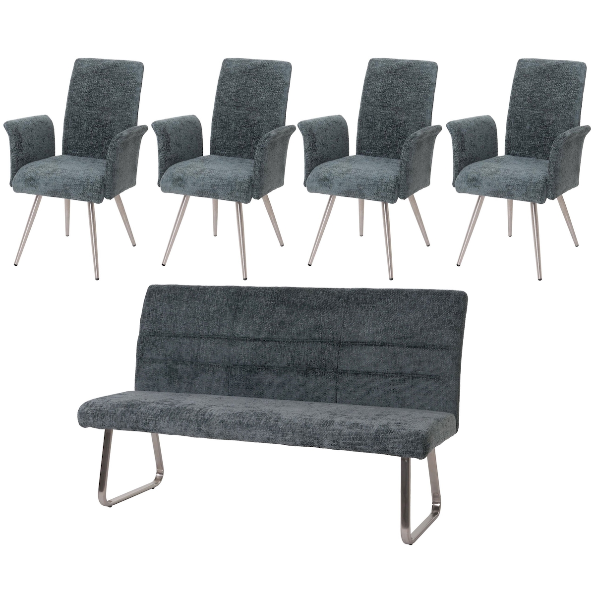 Mendler Esszimmer-Set HWC-G55, 4er-Set Stuhl mit Armlehne+Sitzbank 180cm, Edelstahl gebürstet Stoff/Textil Chenille ~ blau-grün