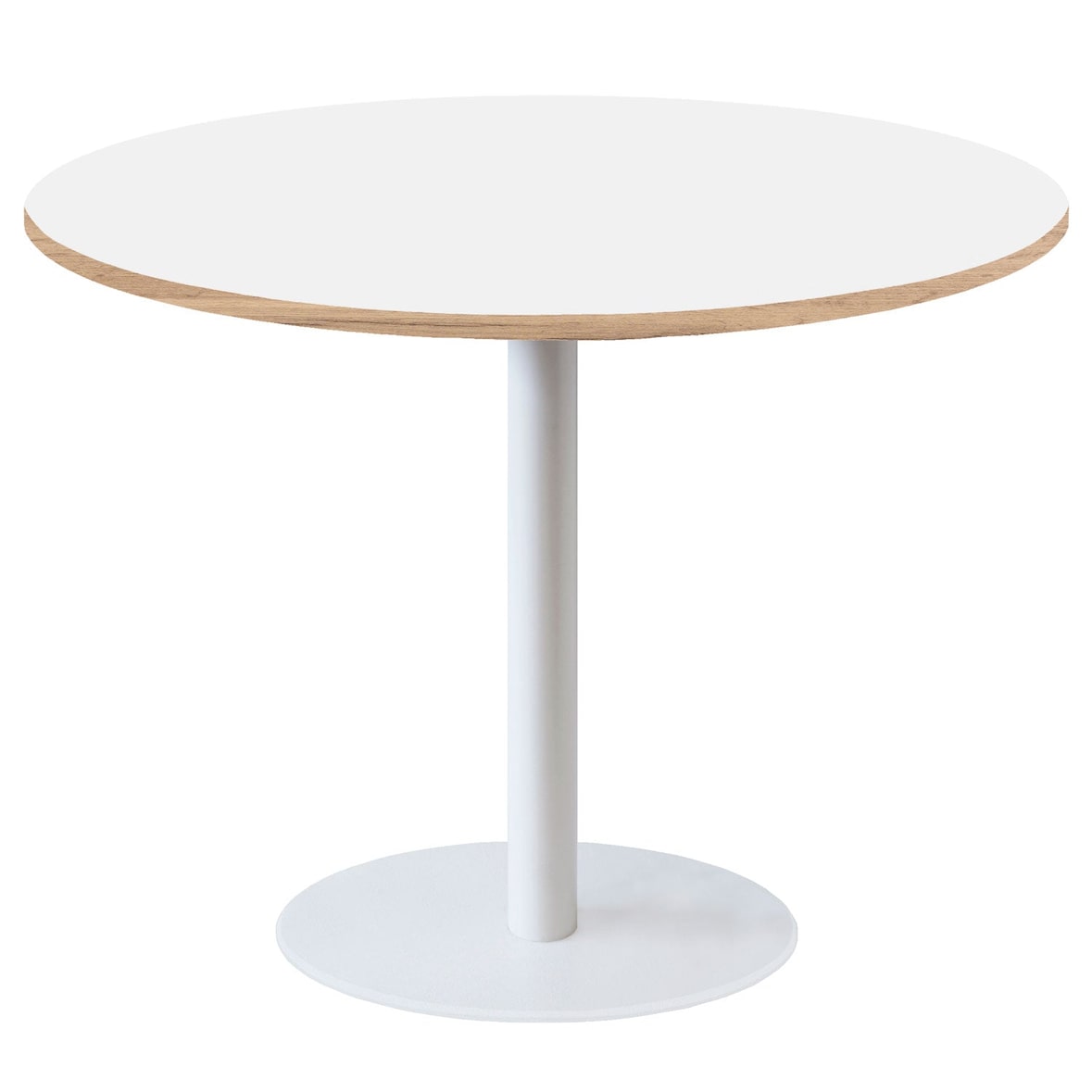 Restootab - Table Ø120cm - pied blanc, plateau blanc chants bois