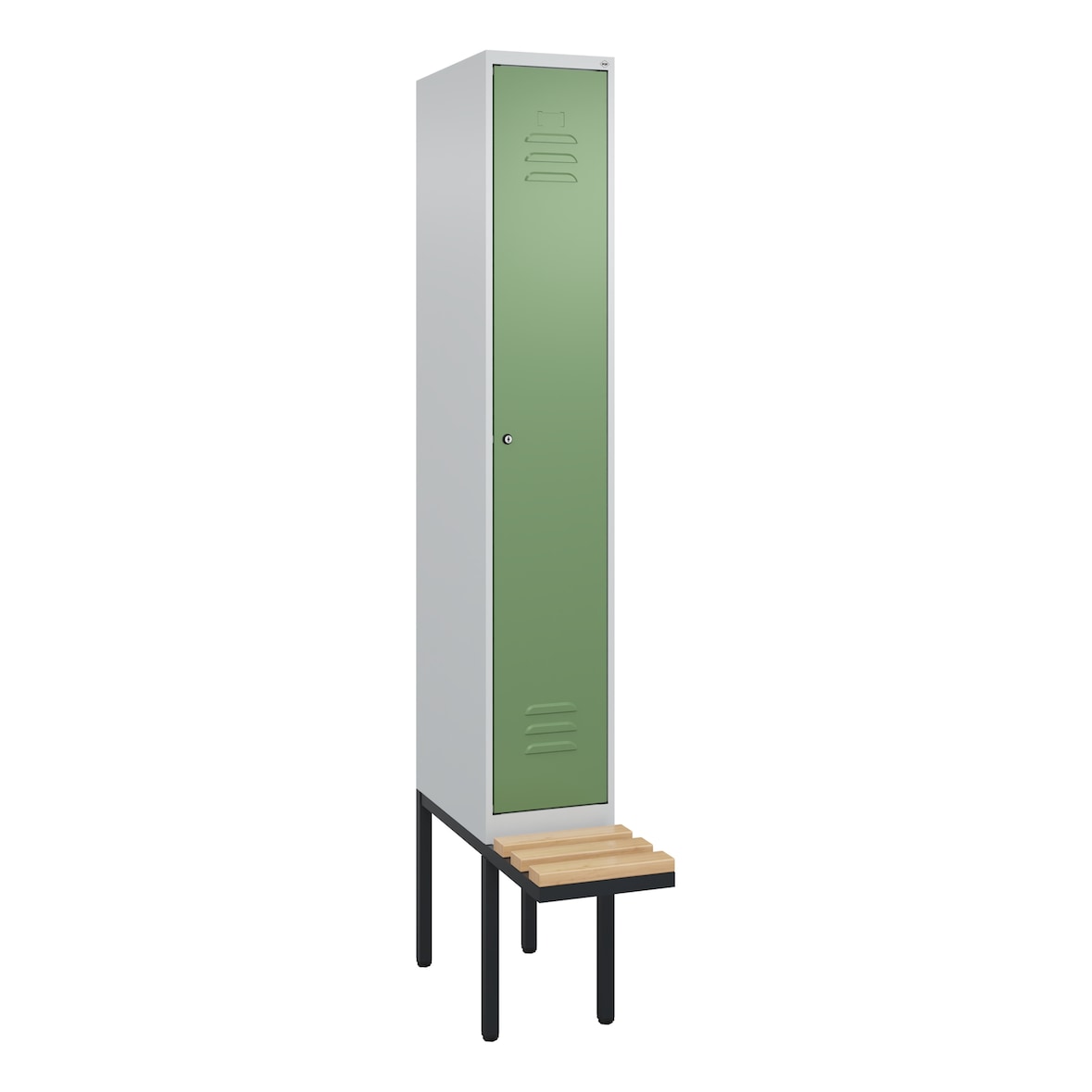 C+P Spind Classic PLUS, schwebender Sitzbank aus Buche 1 Abteil, HxBxT 212x30x82cm, Zylinderschloss, Hellgrau/Resedagrün von PROREGAL