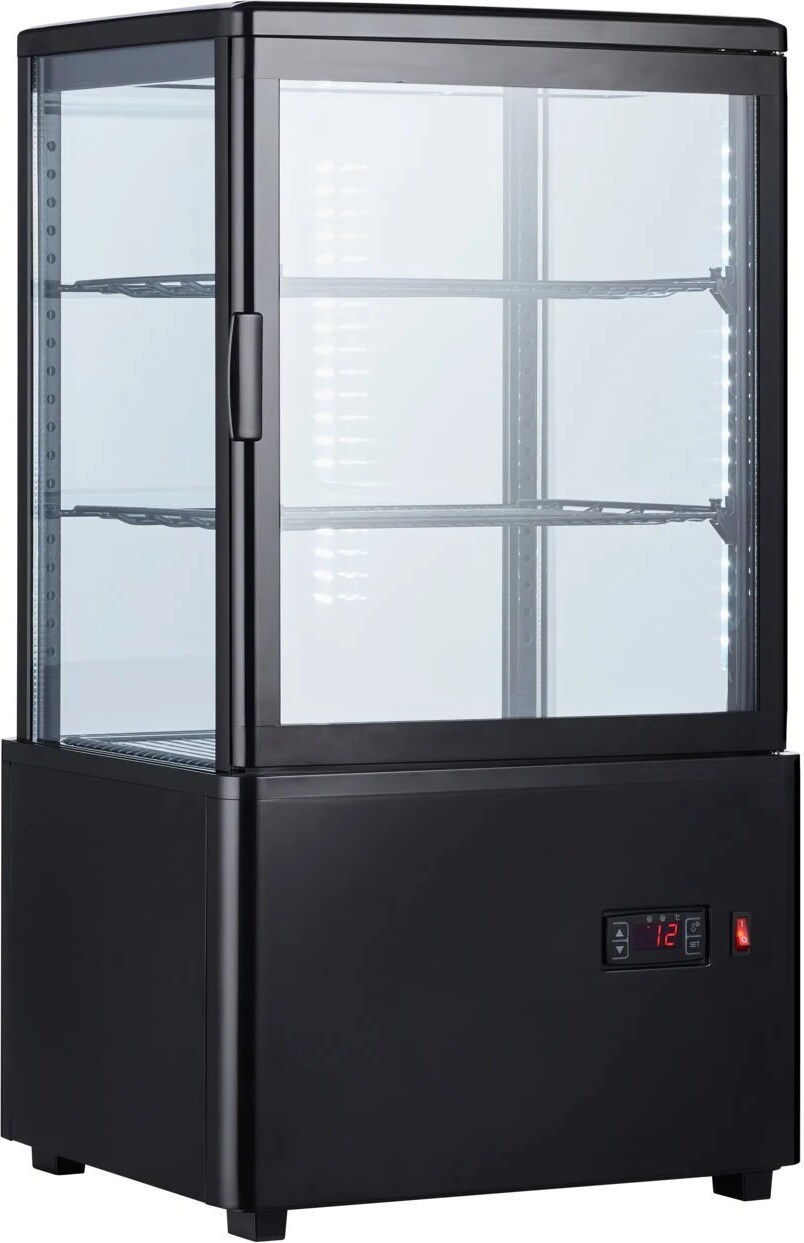 Getränke- und Gebäck-Kühlvitrine 58 Liter 4-seitig verglast schwarz +2/+10 °C 44,7x40x81,9h cm  Bullet points