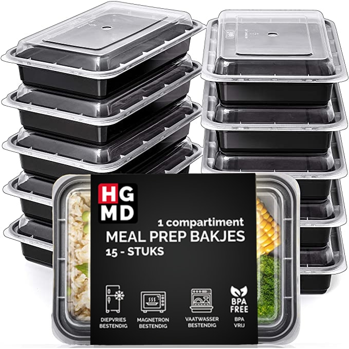 HGMD Meal Prep Bakjes - 15 stuks - 1 compartiment - Lunchbox - Diepvriesbakjes - Vershoudbakjes - Plastic Vershouddoos - 1L - BPA vrij