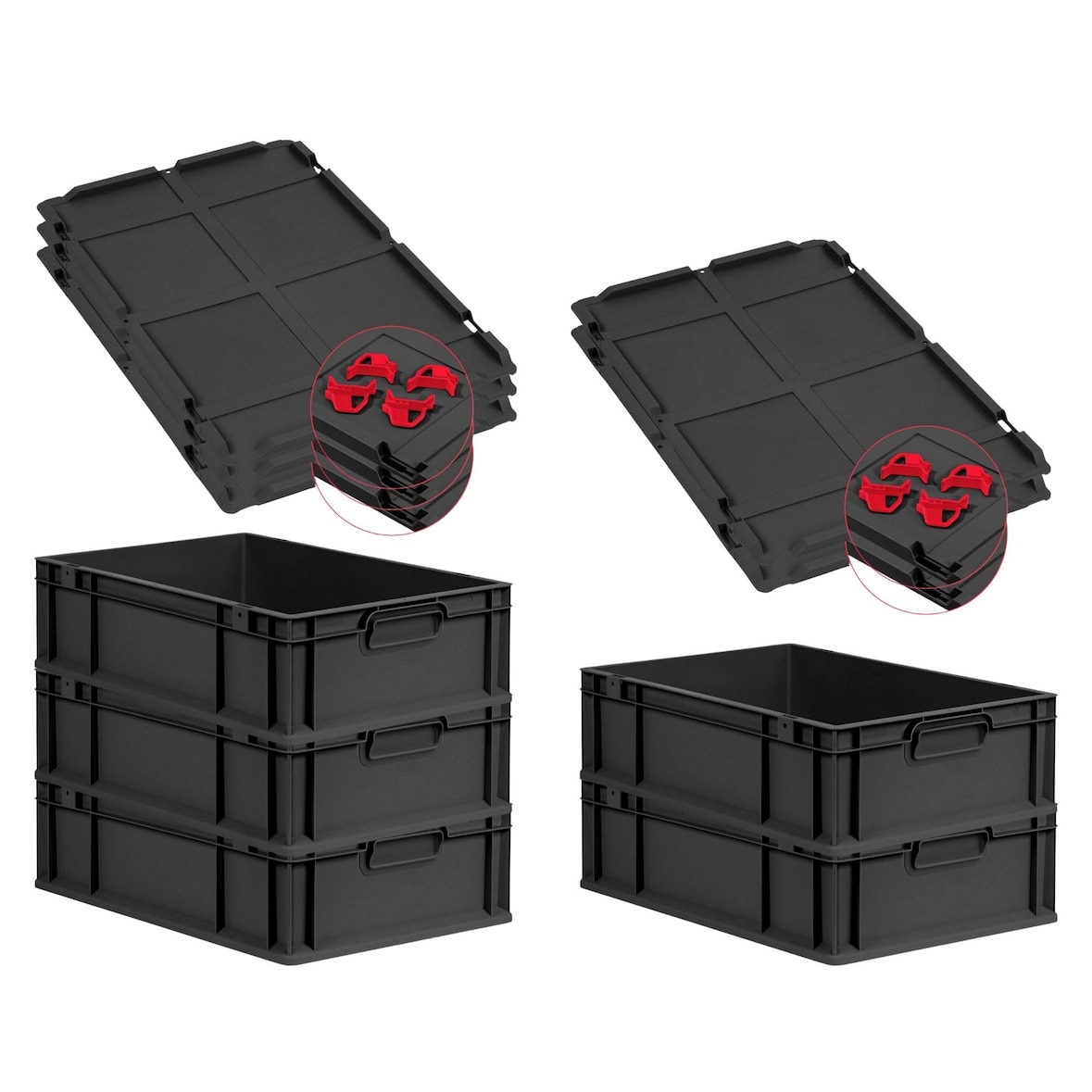 PROREGAL SuperSparSet 5x Eurobox NextGen Grip mit Auflagedeckel & 4 roten Verschlüssen, HxBxT 17x40x60cm, 34L, Schwarz, Griffe zu, Eurobehälter