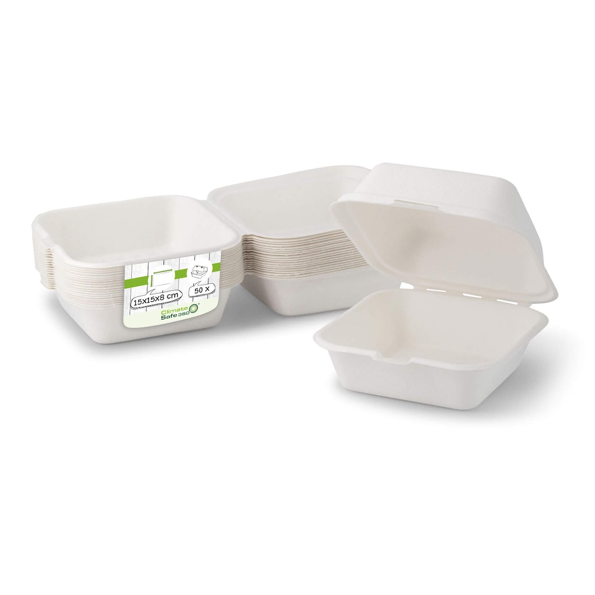 greenbox - Caixas de hambúrguer de cana-de-açúcar, 15 x 15 x 8 cm, quadradas, 50 un..