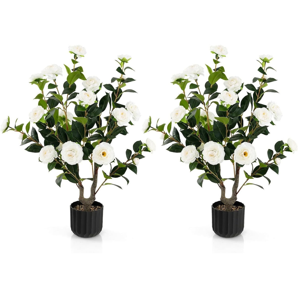 COSTWAY Set von 2 Kunstbäumen mit Blumen 95 cm, Künstlicher Kamelienbaum, Kunstpflanze im Topf, Kunstblume Zuhause