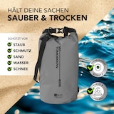 Eine graue, wasserdichte Tasche mit Tragegurt.