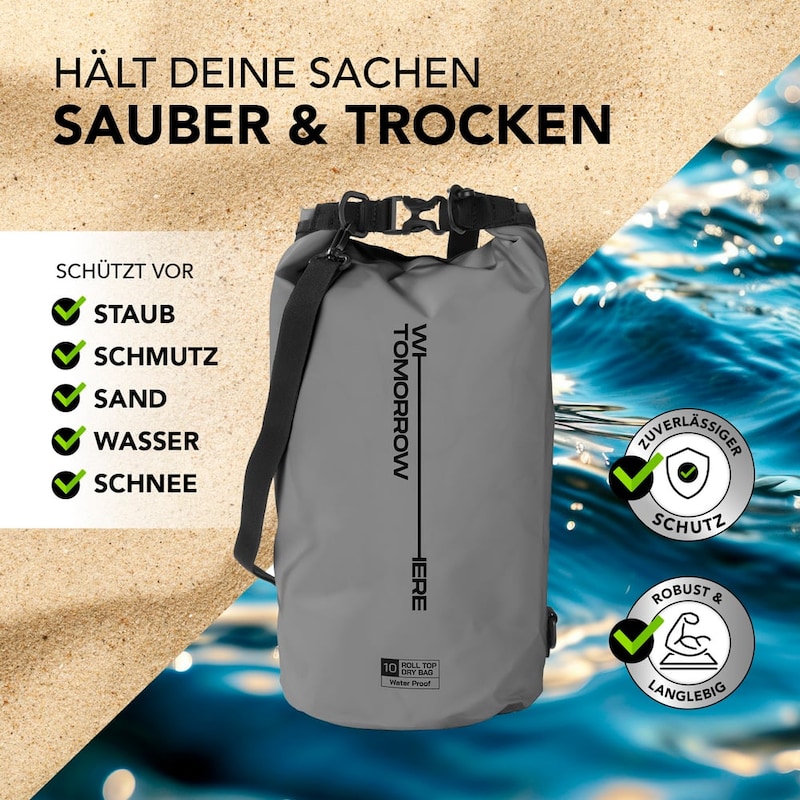 Eine graue, wasserdichte Tasche mit Tragegurt.