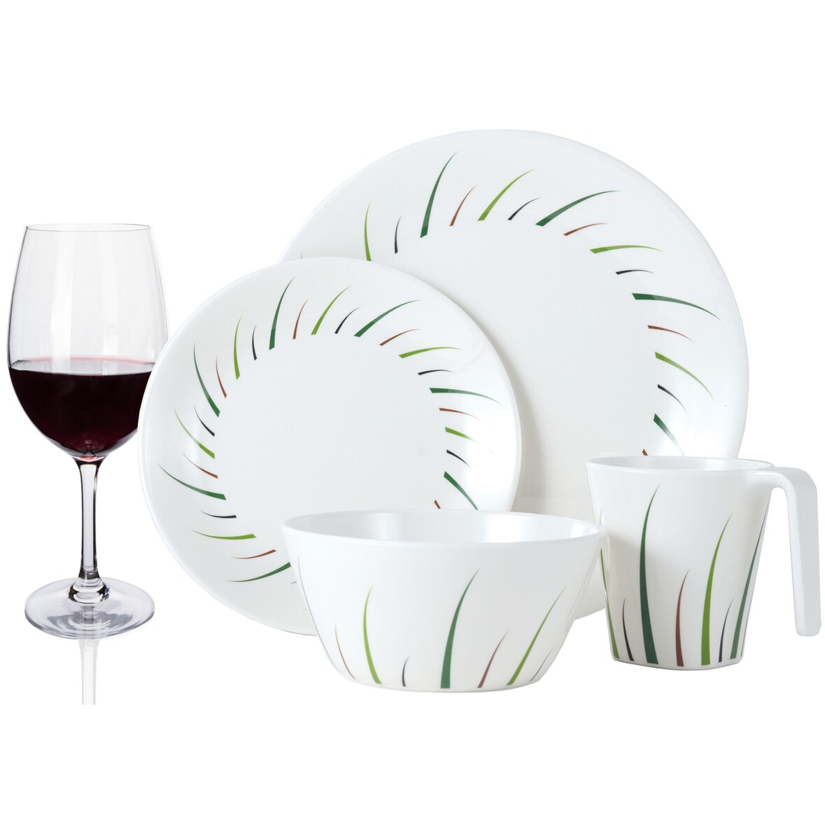 Melamin Geschirr-Set 4 Personen Limon Design 16 Teilig + 4 Rotweingläser Tafelgeschirr Picknick BBQ Kochgeschirr