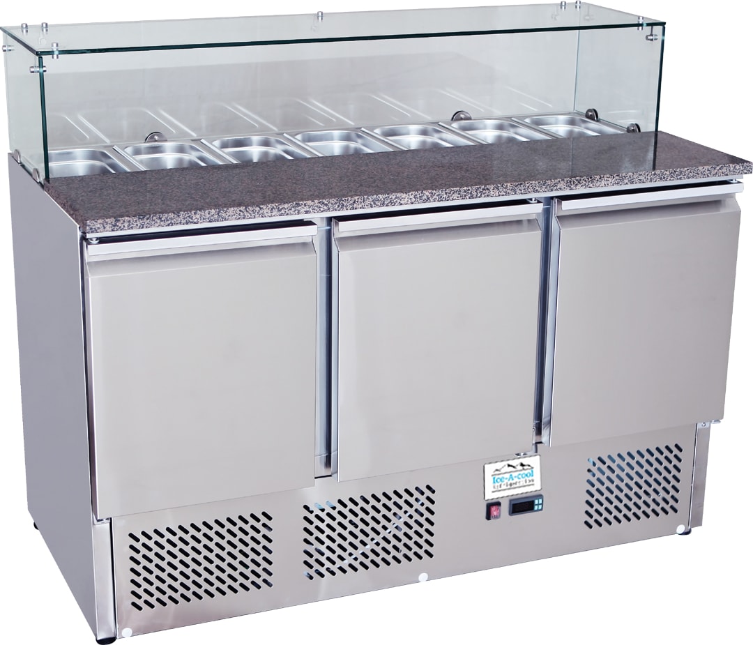ICE-A-COOL 3 türige Pizza Saladette mit Glasaufsatz, Kapazität 380 L, automatische Abtaufunktion