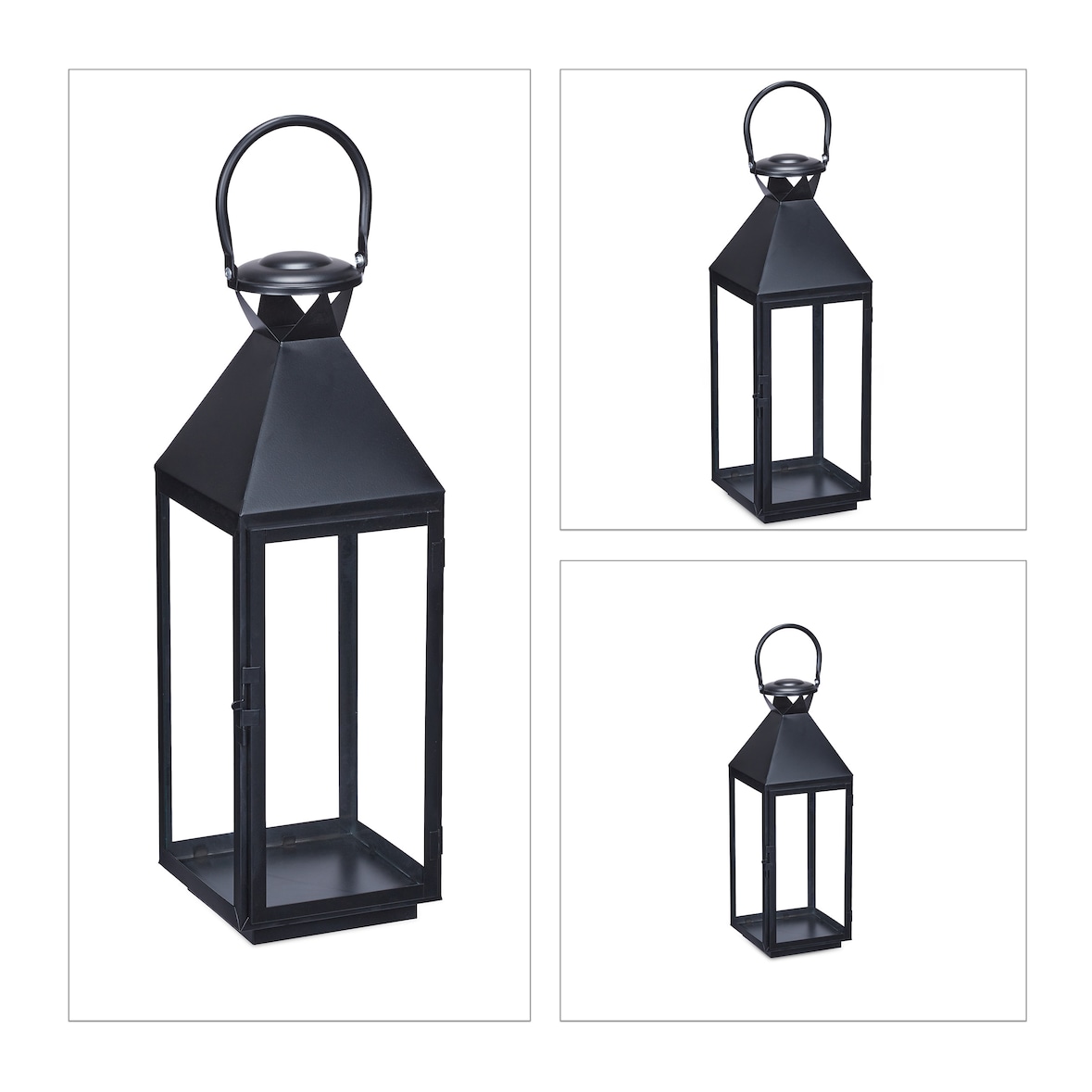 Relaxdays Laternen 3er Set, Dekolaternen für draußen & drinnen, 3 Größen, Metall, Glas, Windlichter für Kerzen, schwarz