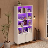 thumbnail of Bücherregal 80x30x173 cm mit LED-Beleuchtung Doppeltüren 7 Fächer Massivholzbeine MDF Weiß modernes Stauraumregal für Wohnbereich