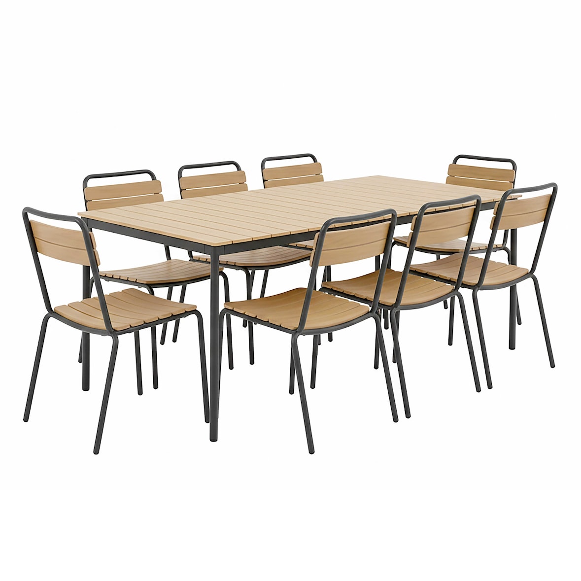 Gartentischset aus Metall und Polywood mit 8 grauen Stühlen