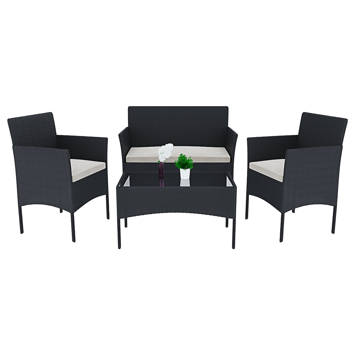 Arreditaly Set Di Mobili da Giardino Salotto Salottino in Rattan 4 Posti Tavolino E Ripiano In Vetro 2 Poltrone e Divano 2 Posti Per Giardino Nero
