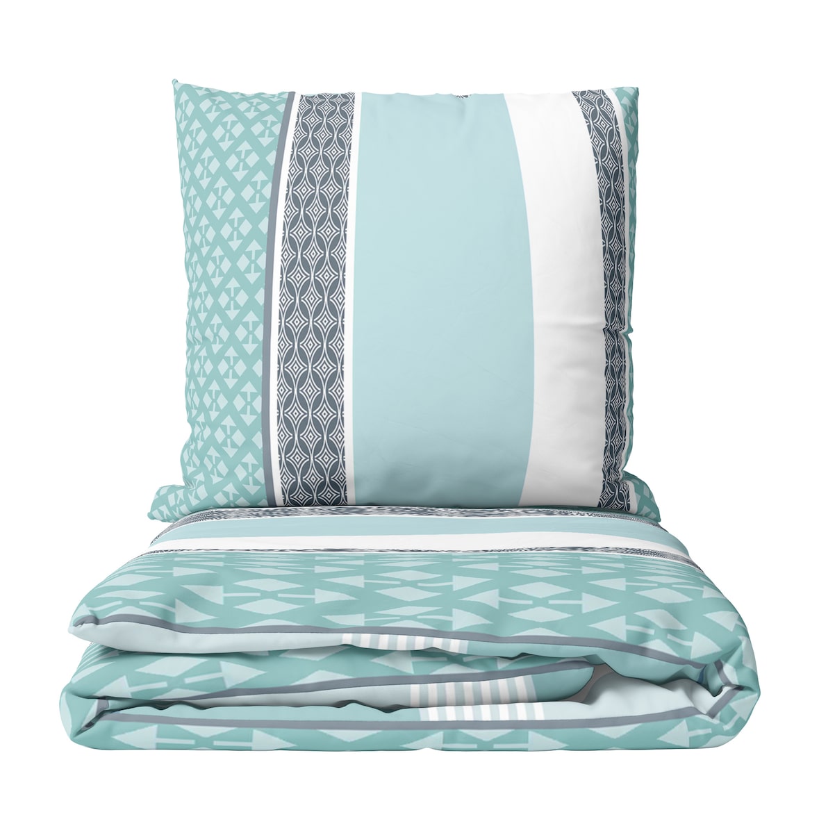 Bettwäsche 155x220 cm Set 100% Baumwolle Türkis Grau Weiß Streifen Rauten Design mit Reißverschluss 4 Teilig