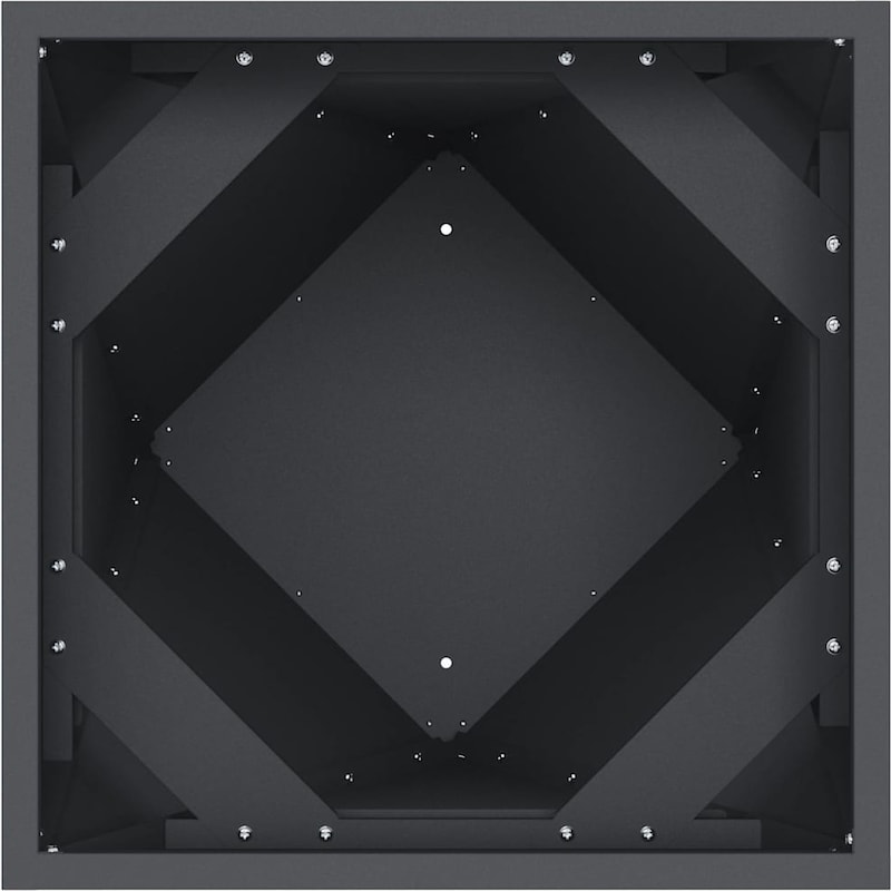 Ein dunkler, quadratischer Behälter mit diagonalen Verstrebungen.