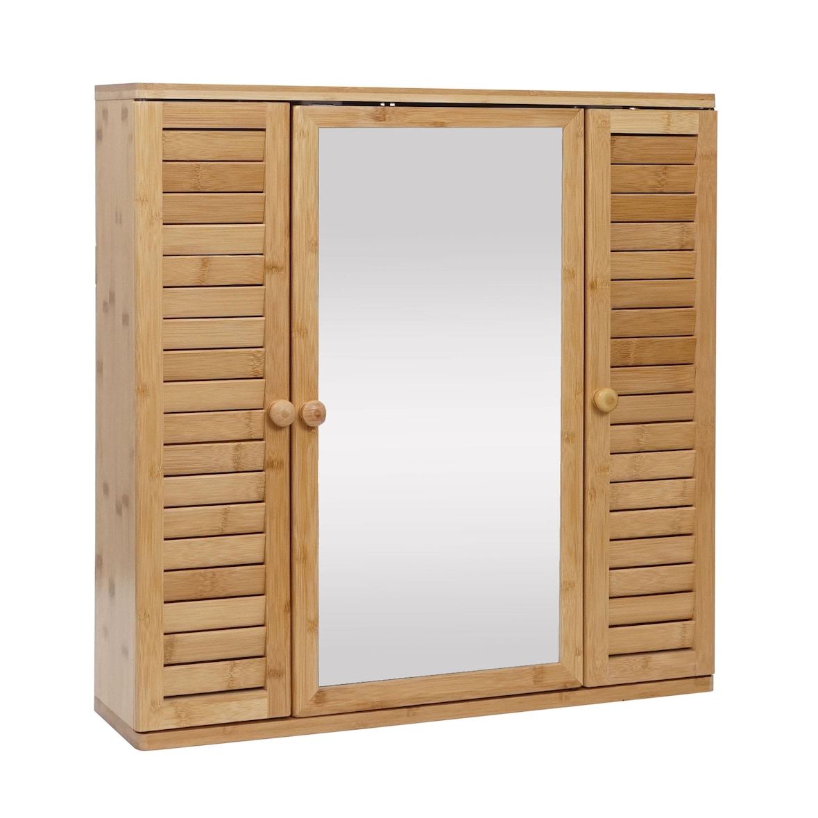 Décoshop26 - Badezimmer-Wandschrank mit Spiegel 3 Einlegeböden 3 Türen Bambus 60x60x15 cm 04_0005765