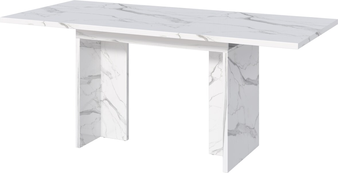 Ausziehbarer Esstisch MDF Weißer Marmor 140-180x80 cm, rechteckig, 30 mm Tischplatte, T-förmige Beine, für 6-8 Personen