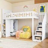 thumbnail of Hochbett 90x200 mit Stauraumleiter, Regalen und klappbaren Stauschränken, platzsparend, modernes Design, kreative Raumnutzung, Weiß