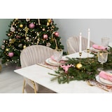 thumbnail of Table d’intérieur 160x90 cm, plateau en verre trempé, pieds en métal, design élégant, pour cuisine ou salle à manger – Morgan – Marbre rose/Or
