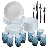 thumbnail of San Ignacio - Juego de Vajilla 24 Piezas Blanca con Borde Azul, 8 Vasos de Cristal Azul 350 ml y Juego de 32 Cubiertos de Acero Inoxidable Negro