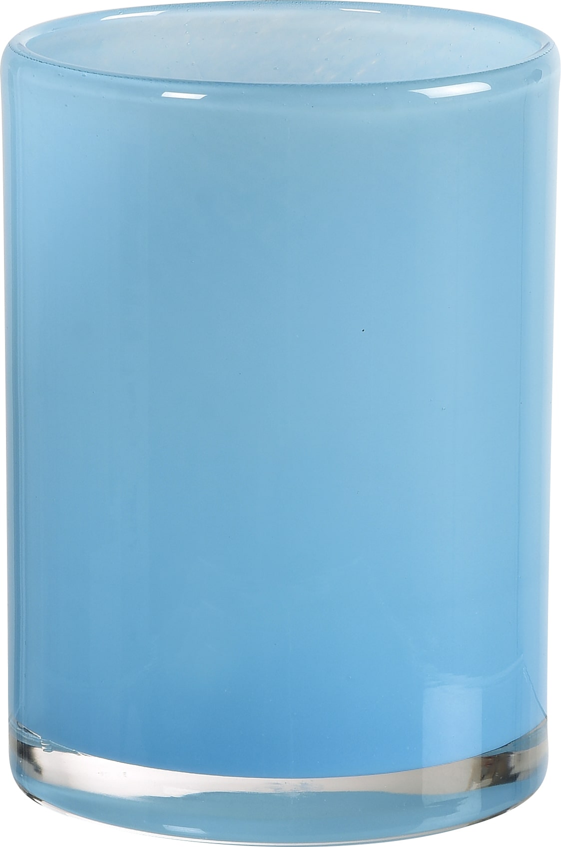 Ein blauer Glaszylinder-Kerzenhalter.