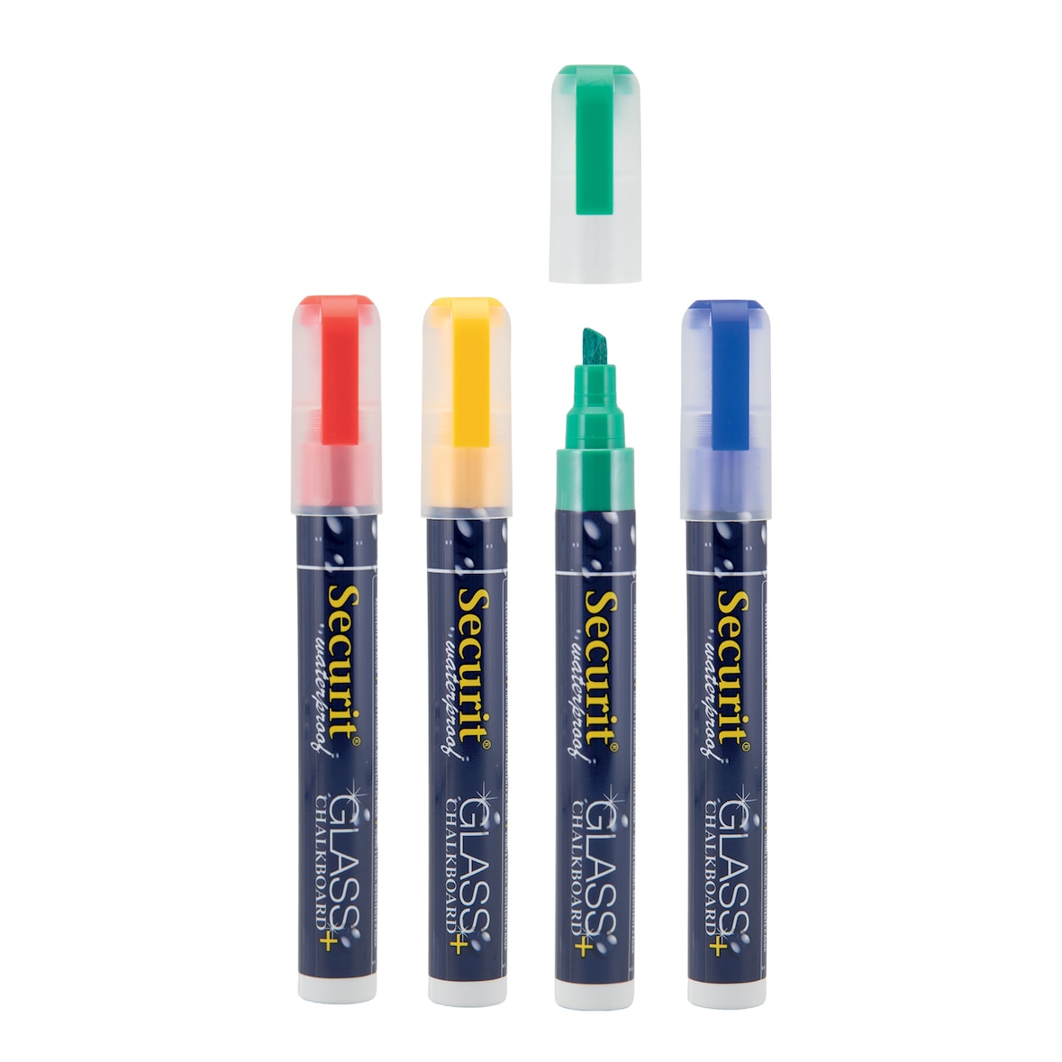 Securit® Pack de 4 rotuladores de tiza líquida Waterproof - Amarillo, Verde, Rojo, Azul - Punta biselada 2-6mm