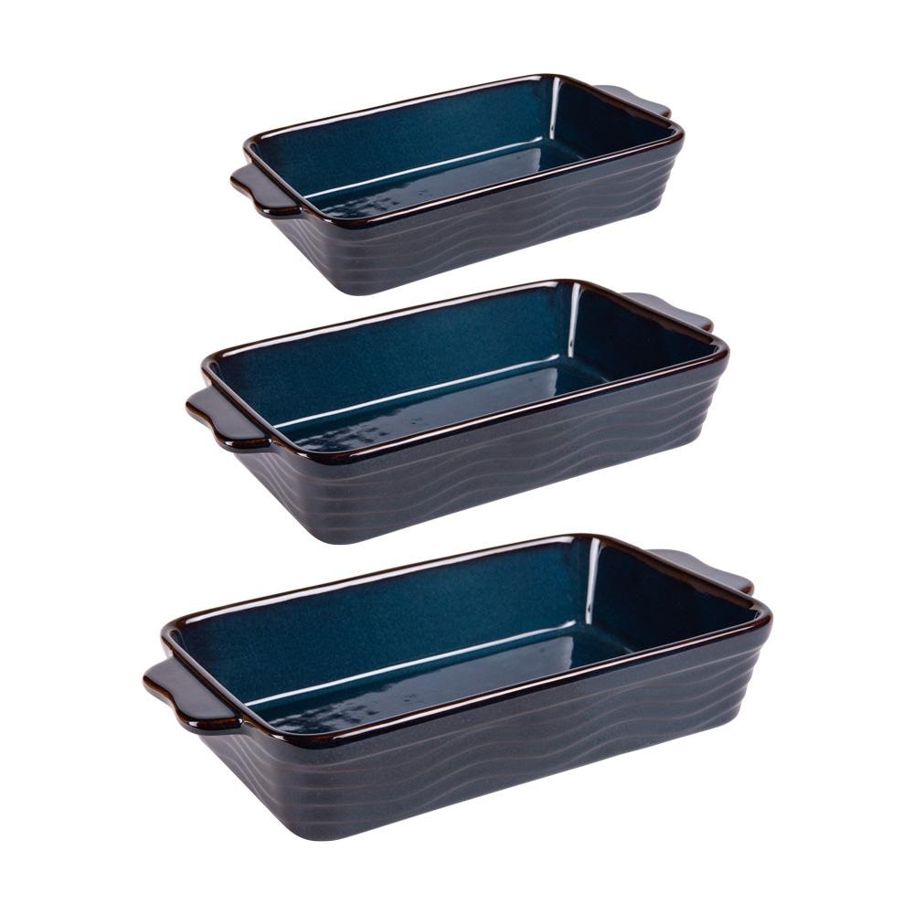 Set de 3 plats à four vague bleu 25, 30 et 36 cm -  Rectangulaire Grès Table Passion 36.00x21.00 cm