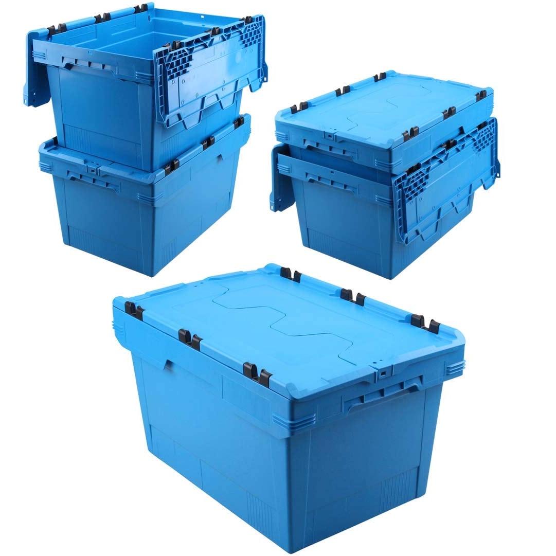 5x Klappdeckelbox/Mehrwegbox, blau, verplompbar, stapelbar, LxBxH 600 x 400 x 300 mm, 47 Liter