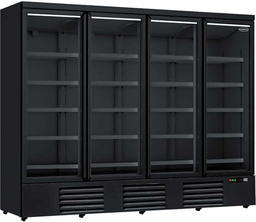 Glastürkühlschrank auf Rollen, mit 4 Türen, Inhalt 2025 Liter, Schwarz, BTH 2508 x 710 x 1997 mm
