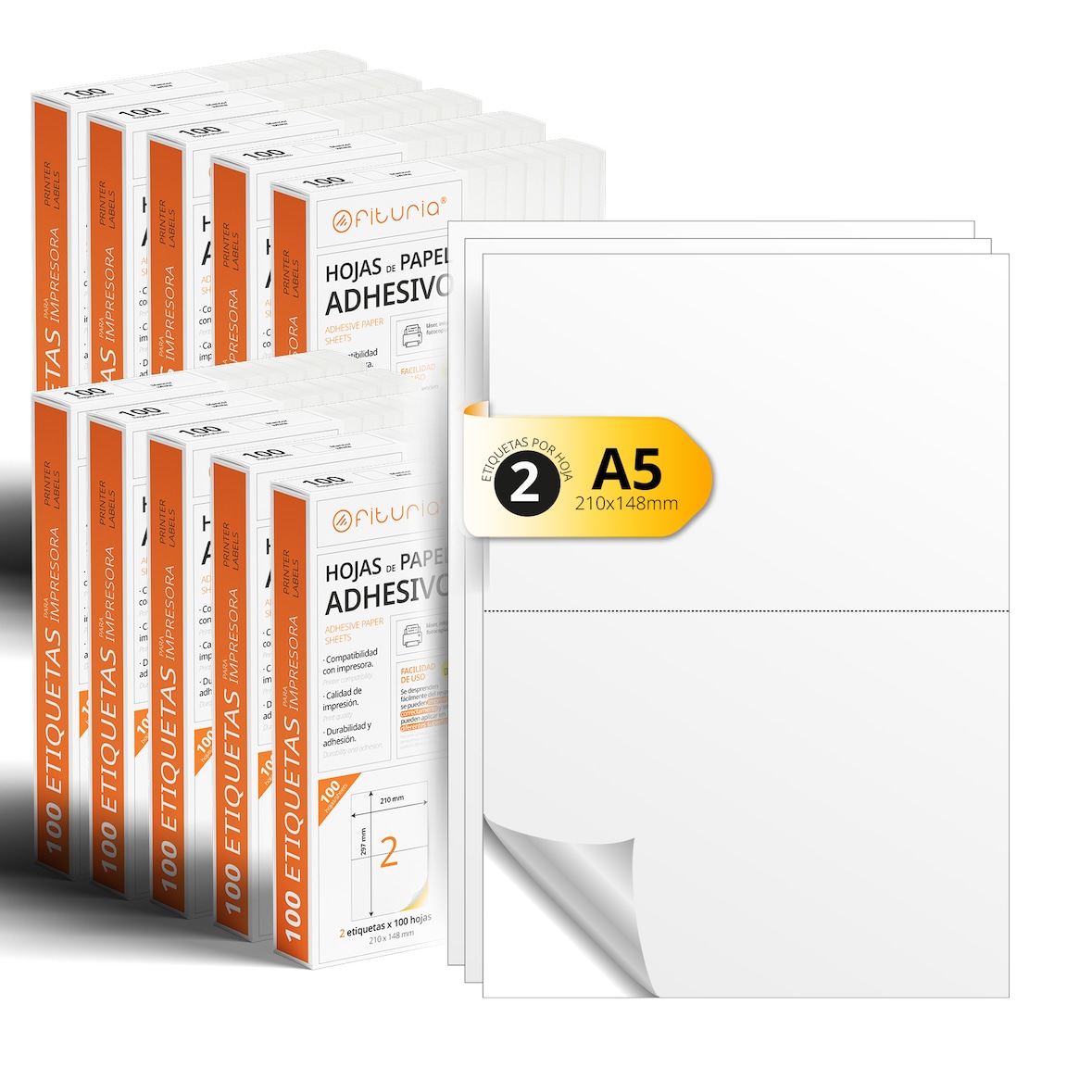 Folios A4 de Etiquetas Adhesivas Blancas, Crea tus Pegatinas Personalizadas, Etiqueta Adhesiva para Imprimir - Ofituria (2 por hoja, 1000h)