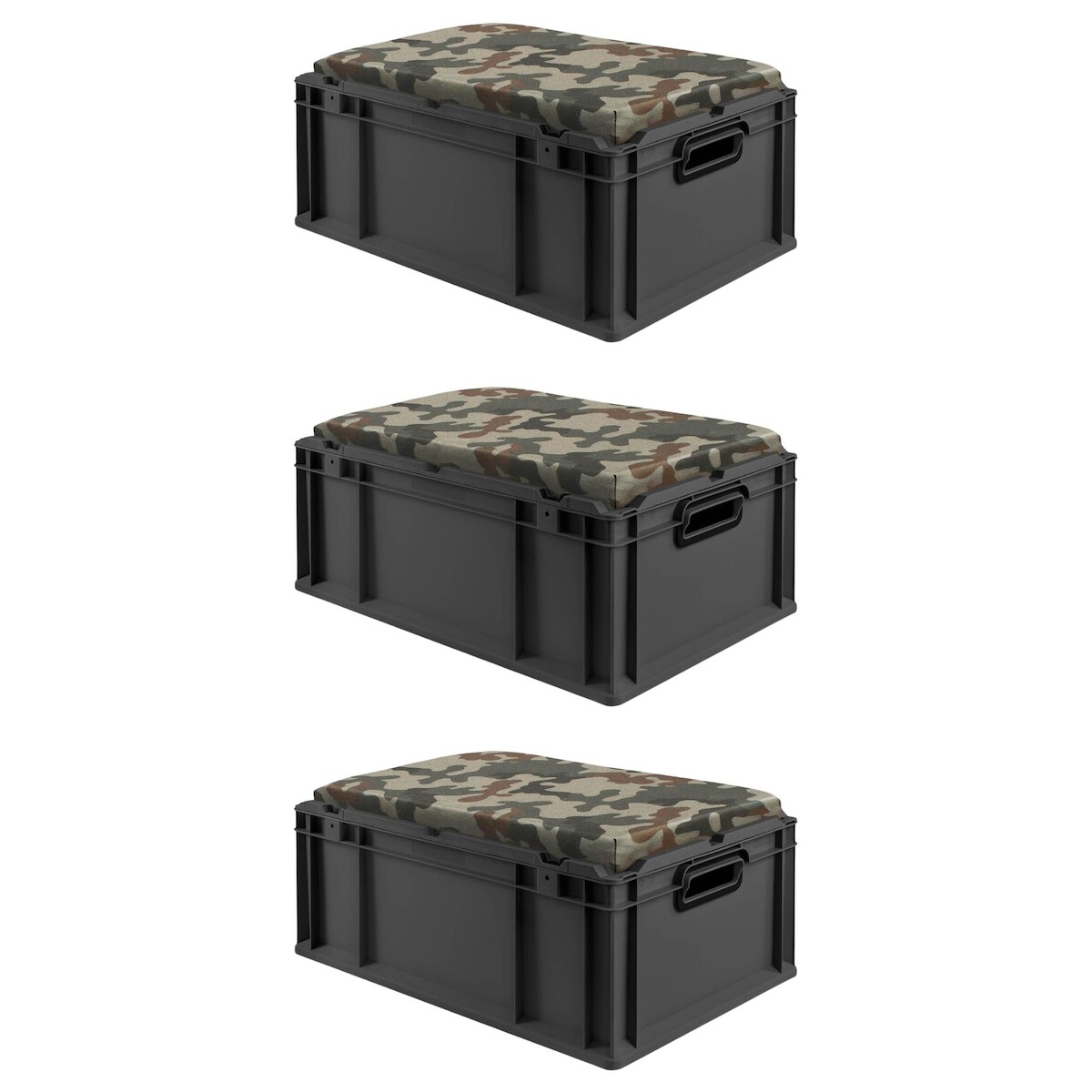 PROREGAL SparSet 3x Eurobox NextGen Seat Box Camouflage, HxBxT 26,5x40x60cm, 44 Liter, Griffe offen, Schwarz, Eurobehälter, Sitzbox, Transportbox