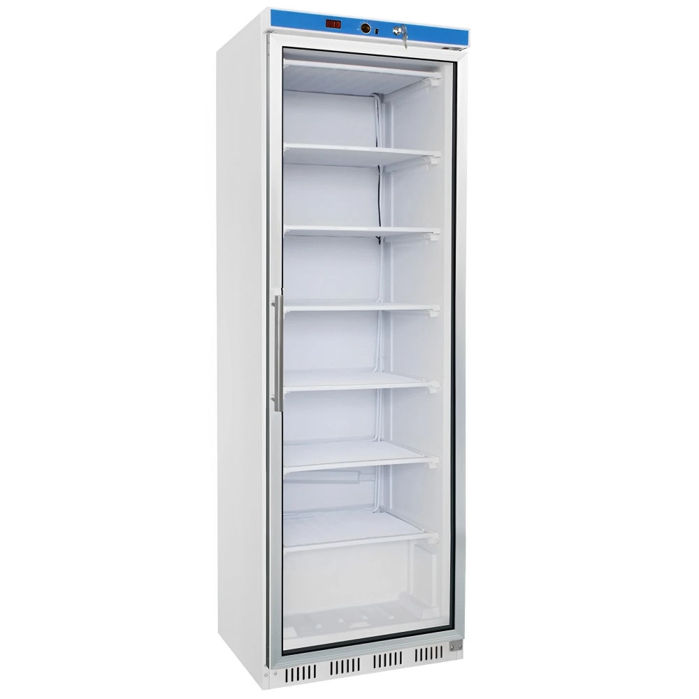 Arca congeladora vertical de 258 litros com porta de vidro para restauração. Congelador vertical para bares, restaurantes e pastelarias.