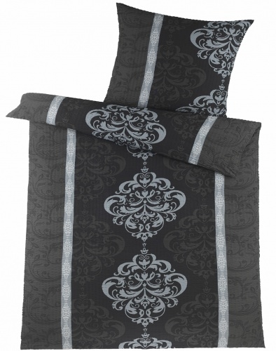 KH-Haushaltshandel 2-tlg. Soft Seersucker Bettwäsche 135x200 +80x80cm, Ornamente, schwarz-grau, bügelfrei