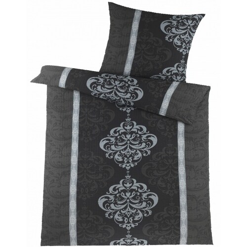 2-tlg. Soft Seersucker Bettwäsche 135x200 +80x80cm, Ornamente, schwarz-grau, bügelfrei
