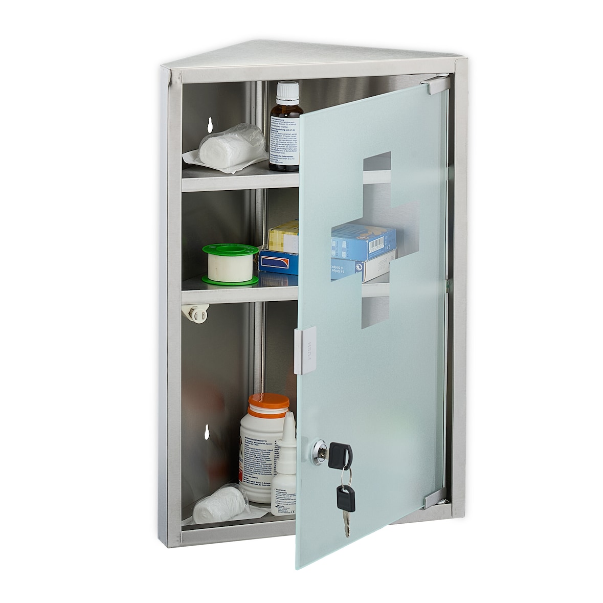Relaxdays Medizinschrank, 3 Fächer, HxBxT: 45x30x17,5 cm, abschließbar, Edelstahl, Glastür, Eck Apothekenschrank, silber