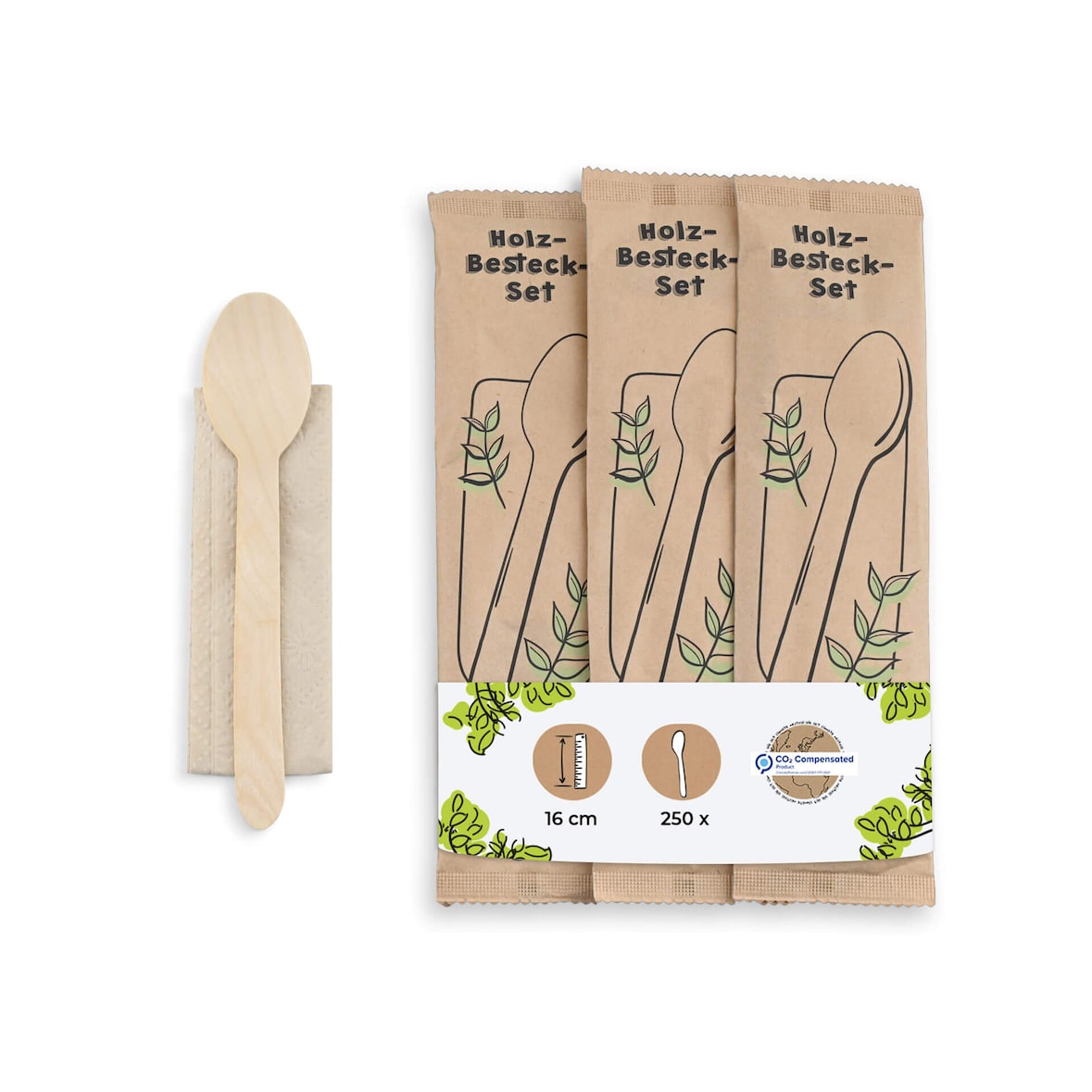 BIOZOYG 500 Stück Einweg-Besteck-Set Partybesteck Biobesteck kompostierbar, Holzbesteck Holzlöffel bestehend aus Einweglöffel und Recycling-Serviette