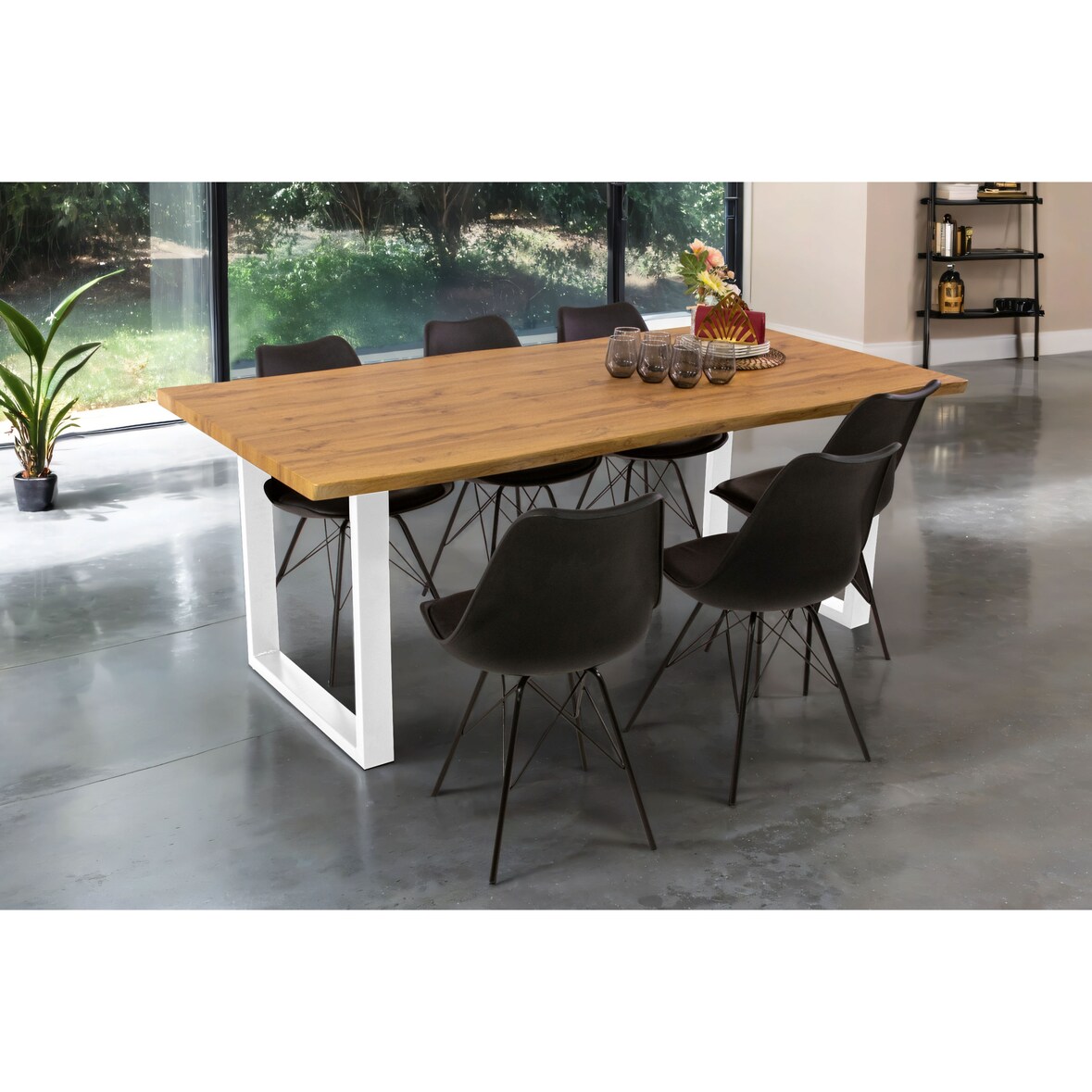 Esstisch Baumkante Holz-Optik Wildeiche 200 x 100 U-Gestell weiß JOSY
